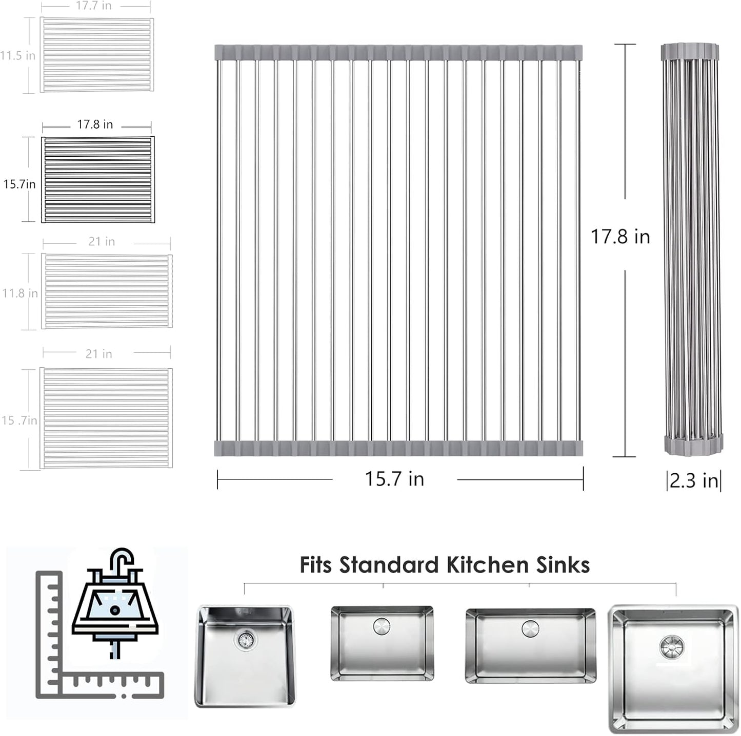 Tomorotec Roll Up Dish Drying Rack Over The Sink Grey Large Dish Drying Rack Rolling Foldable Collapsible SUS304 Stainless Steel Multipurpose Dish Drainer for Kitchen Counter (21”x15.7”)