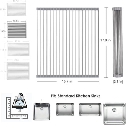 Tomorotec Roll Up Dish Drying Rack Over The Sink Grey Large Dish Drying Rack Rolling Foldable Collapsible SUS304 Stainless Steel Multipurpose Dish Drainer for Kitchen Counter (21”x15.7”)
