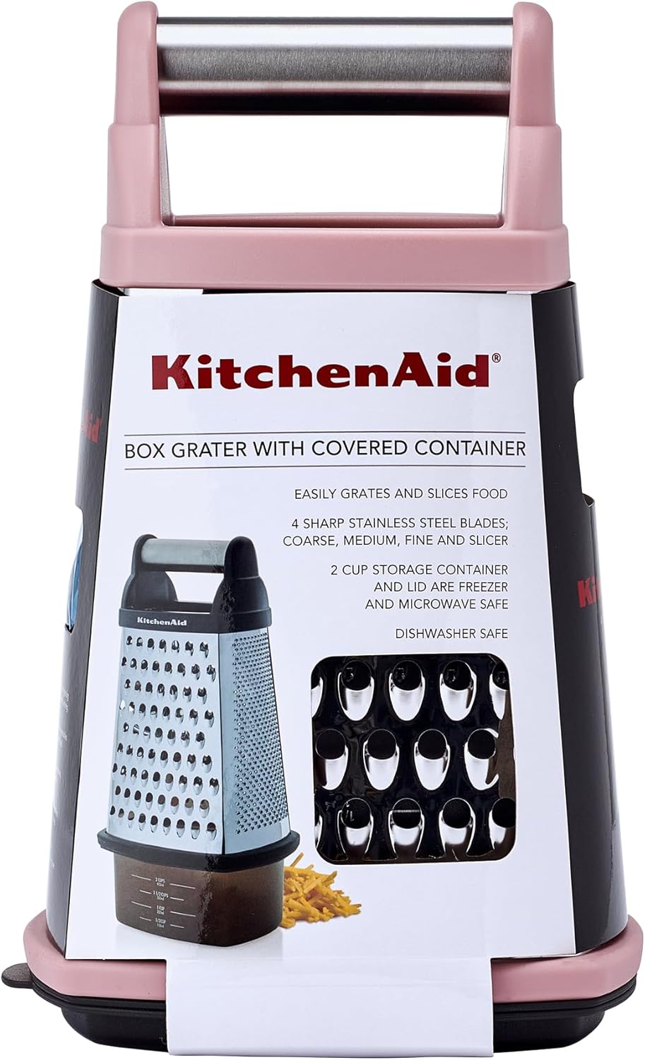 KitchenAid Gourmet 4-Sided Stainless Steel Box Grater for Fine, Medium and Coarse Grate, and Slicing, Detachable 3 Cup Storage Container and Measurment Markings, Dishwasher Safe, 10 inches tall, Black