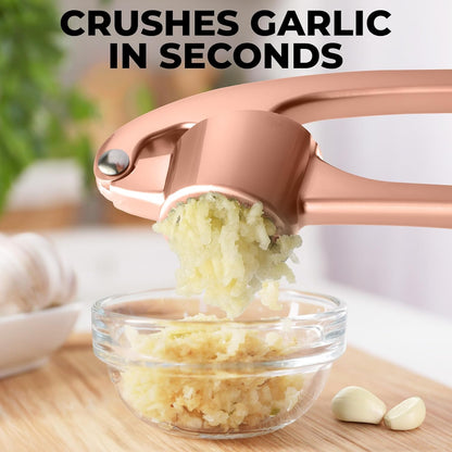 Zulay Kitchen Premium Garlic Press Set - Rust Proof Professional Garlic Mincer Tool - Easy-Squeeze, Easy-Clean with Soft, Ergonomic Handle - Silicone Garlic Peeler & Brush (Silver)
