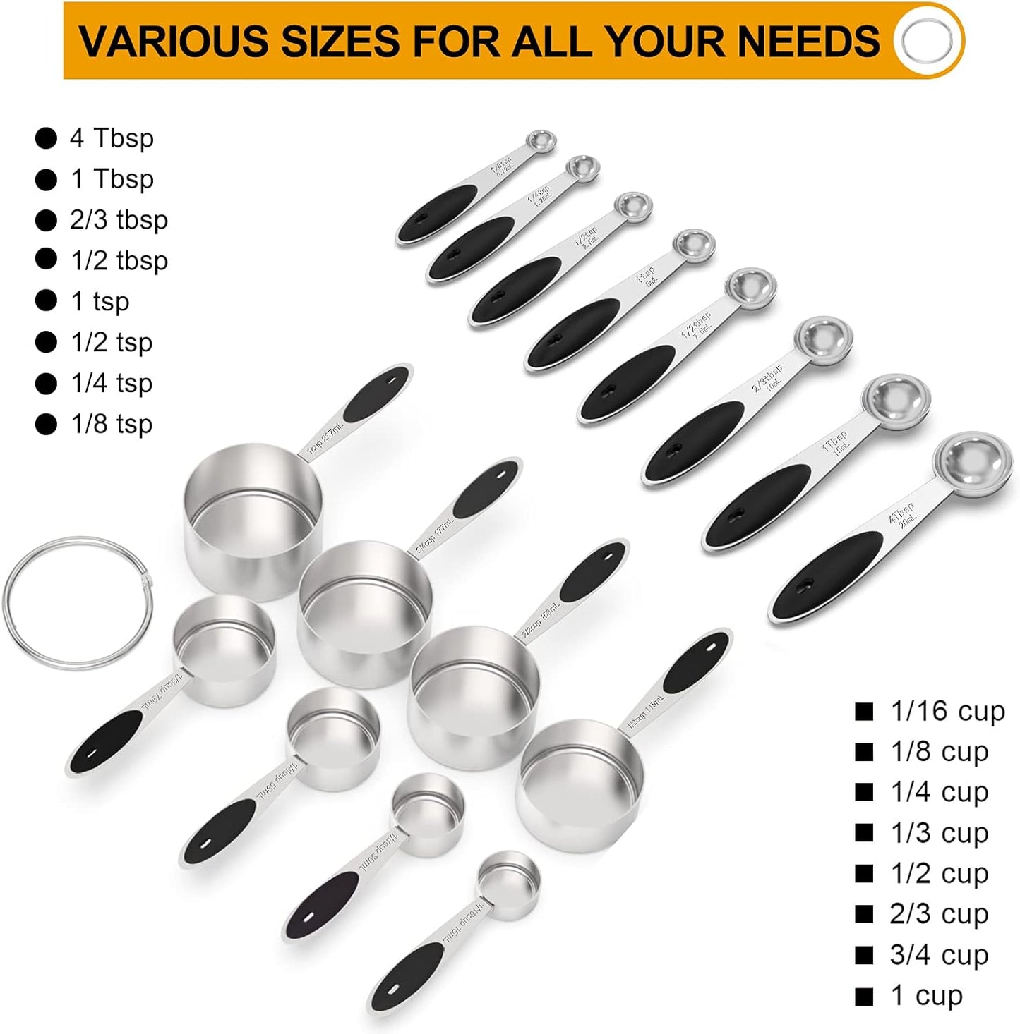 Stylish Measuring Set by Wildone - 21 Steel Compact Pieces, 8 cups, 8 spoons & 5 mini spoons, Colored Handles, For Dry & Liquid Ingredients