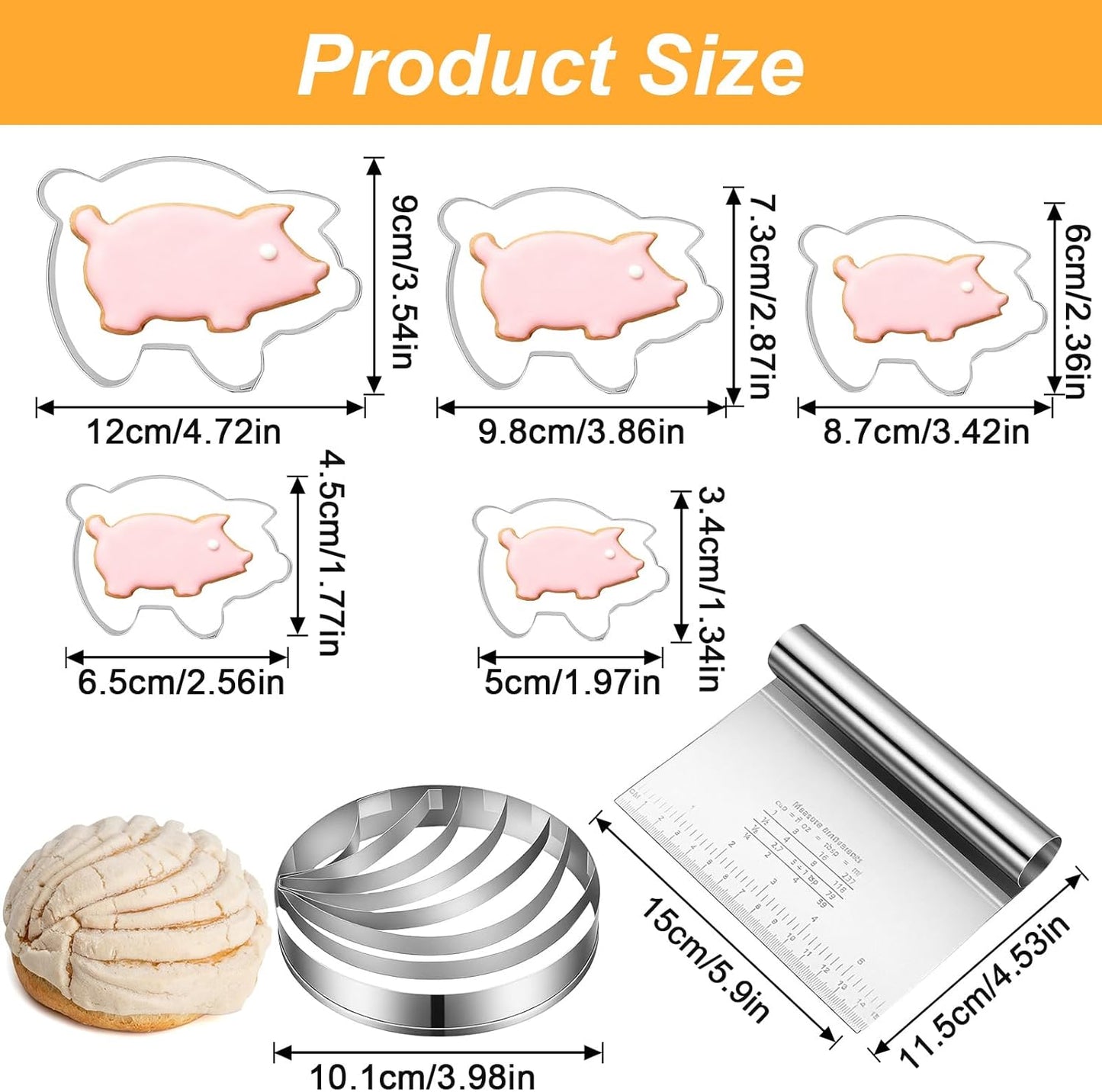 Concha Cutter Set, Stainless Steel Mexican Bread Mold Set, Concha Cutter 5 Pcs Pig Cookie Cutters and Dough Scraper, Kitchen Baking Tools for Bread Cookie Cake Biscuit