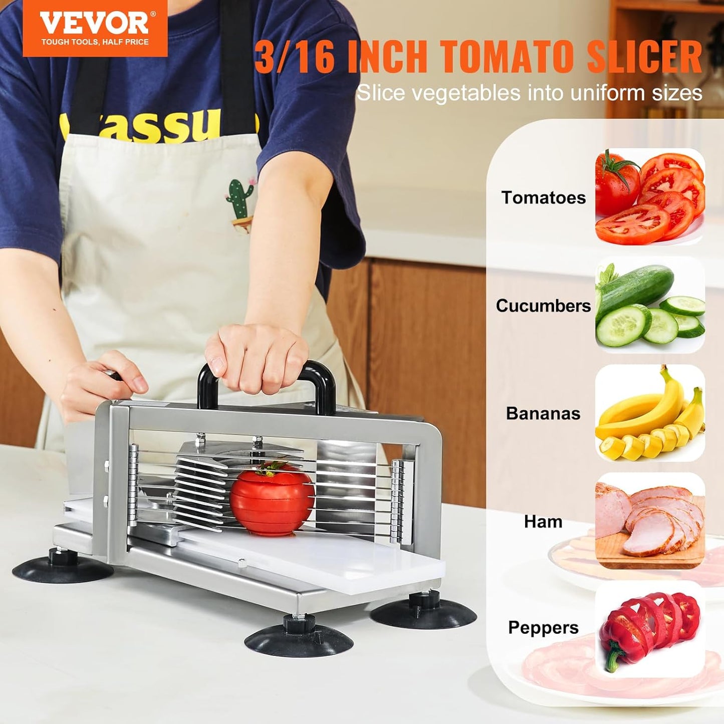 VEVOR Commercial Tomato Slicer, 1/4 inch Tomato Cutter Slicer, Stainless Steel Heavy Duty Cutter Machine, Manual with Non-slip Feet, for Cutting Tomatoes, Cucumbers, Bananas