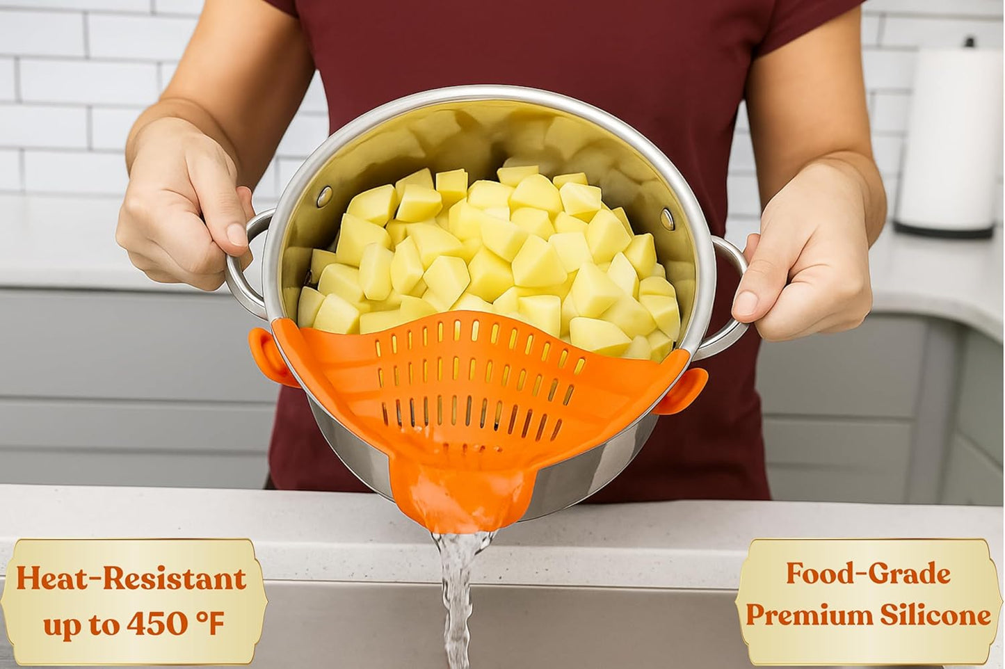 Clip On Strainer Silicone for Pots and Pans, Universal Fit Pasta Strainer and Pot Colander, Space Saving Food Drainer with Collapsible Funnel and Garlic Peeler, 3 Pcs Set, Black