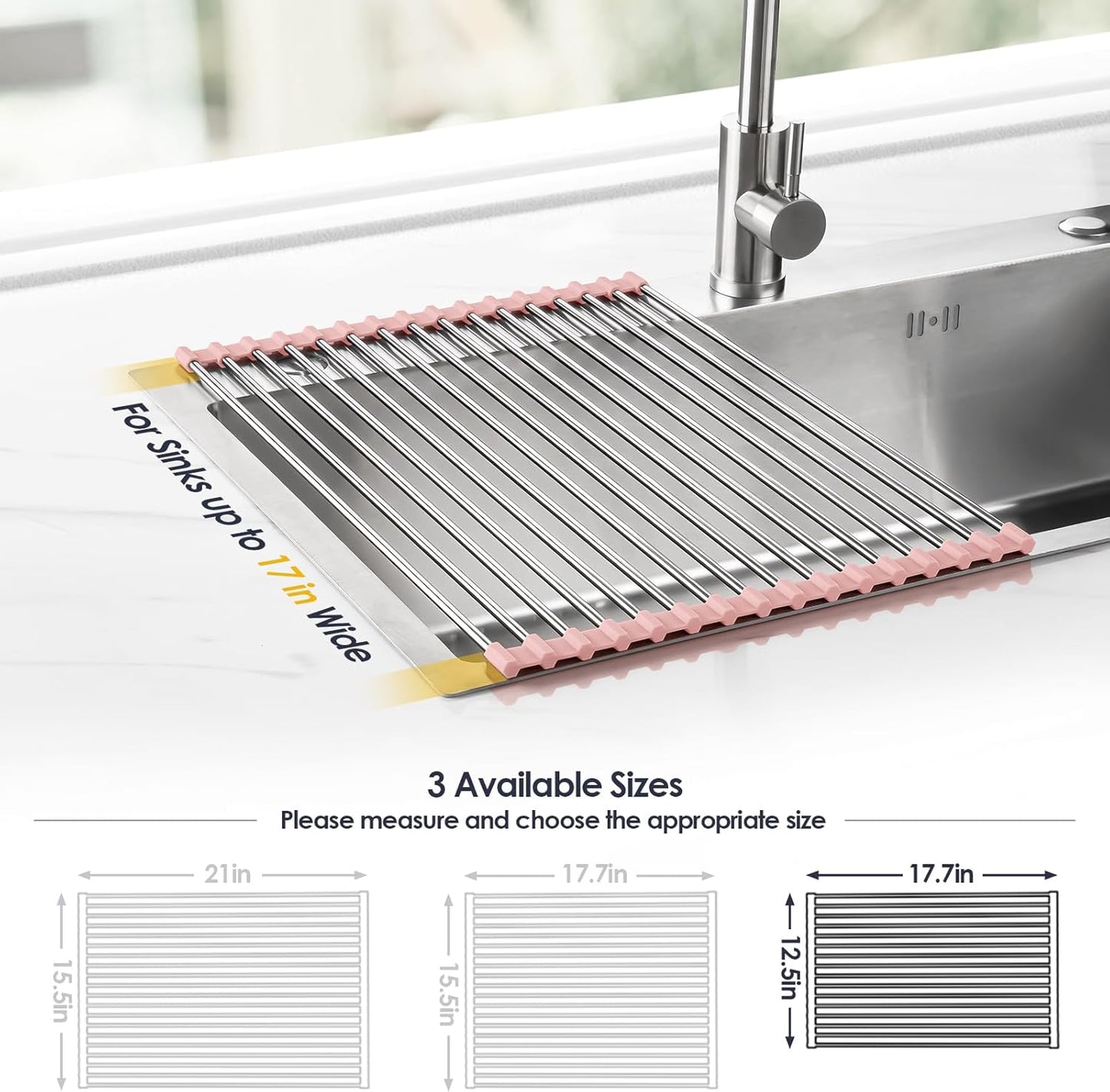Tomorotec 17.7" x 15.5" Roll Up Dish Drying Rack Over Sink Drying Rack Sink Cover Kitchen Sink Accessories Gadget Multipurpose Organizer Foldable Stainless Steel Drainer