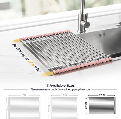 Tomorotec 17.7" x 15.5" Roll Up Dish Drying Rack Over Sink Drying Rack Sink Cover Kitchen Sink Accessories Gadget Multipurpose Organizer Foldable Stainless Steel Drainer
