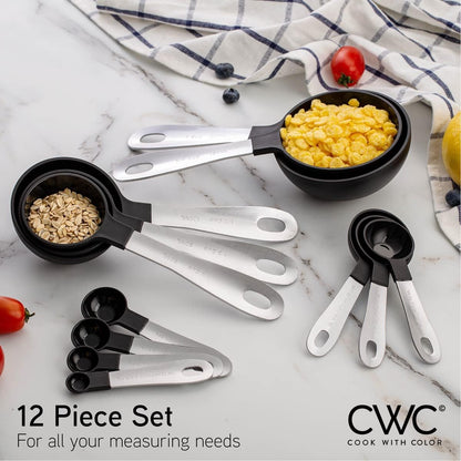 COOK WITH COLOR Measuring Cups Set and Measuring Spoon Set, Stainless Steel Handles, Nesting Kitchen Measuring Set, Liquid Measuring Cup Set, 12 PC Stainless Steel, Gray
