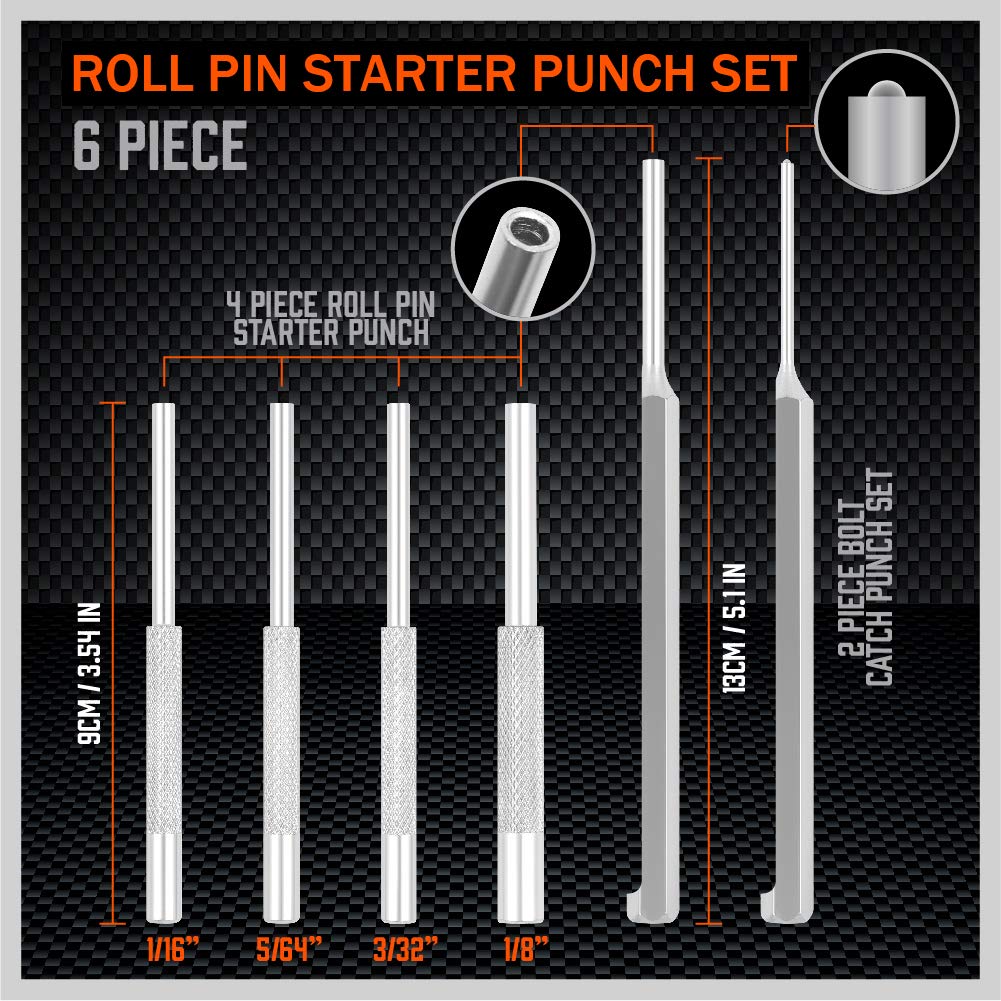 Premium 7-Piece Roll Pin Starter Punch and Bolt Catch Install Punch Set - 1/16, 5/64, 3/32, 1/8-inch