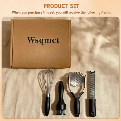4-Piece Kitchen Gadget Set with Potato Masher, Balloon Whisk, Meat Tenderizer & Cheese Grater - Essential Prep Tools for Baking, Cooking & Meal Prep, Dishwasher Safe