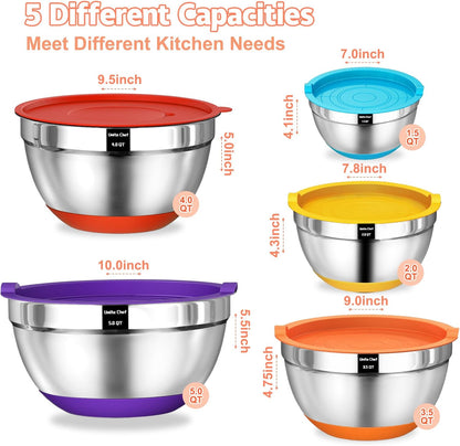 Umite Chef Mixing Bowls with Airtight Lids Set, 8PCS Stainless Steel Nesting Bowls with Grater Attachments, Non-Slip Bottoms, 5, 4, 3.5, 2, 1.5QT for Mixing & Serving