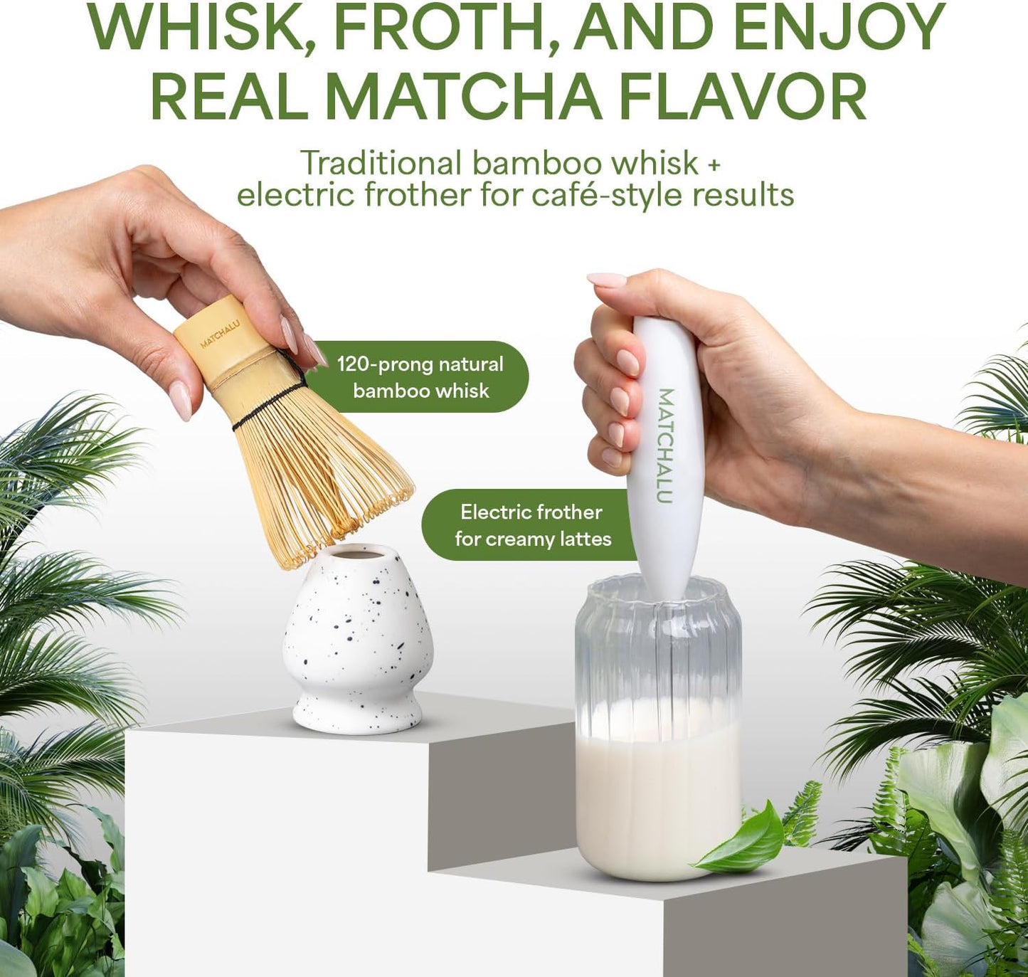Matcha Whisk Set With Ceramic Matcha Bowl, Bamboo Whisk & Holder, Stainless Steel Spoon & Sifter, Glass Cup & Straw, Electric Frother, Storage Bag - Gift for Matcha Lovers (Premium 9-Piece Set White)