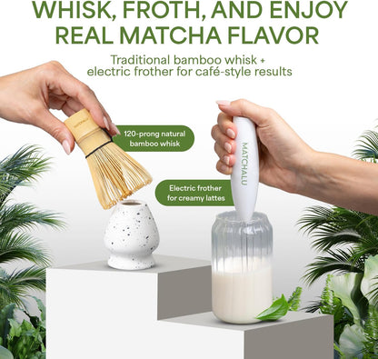 Matcha Whisk Set With Ceramic Matcha Bowl, Bamboo Whisk & Holder, Stainless Steel Spoon & Sifter, Glass Cup & Straw, Electric Frother, Storage Bag - Gift for Matcha Lovers (Premium 9-Piece Set White)