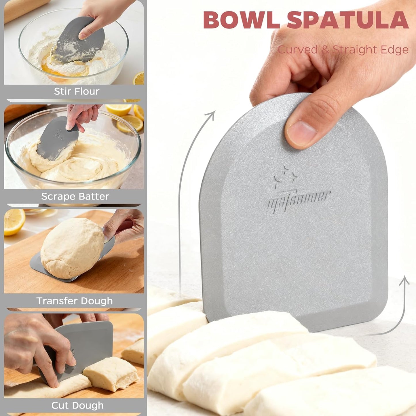 Bowl Scraper Dough Scraper Tool - Set of 2 Silicone Bench Scraper for Baking, Kitchen Pastry Scraper for Bread, Cake, Batter, cheese, Cream, Honey, Jam, Food Scraper with Curved Edge, Blue & Grey