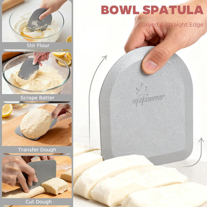 Bowl Scraper Dough Scraper Tool - Set of 2 Silicone Bench Scraper for Baking, Kitchen Pastry Scraper for Bread, Cake, Batter, cheese, Cream, Honey, Jam, Food Scraper with Curved Edge, Blue & Grey