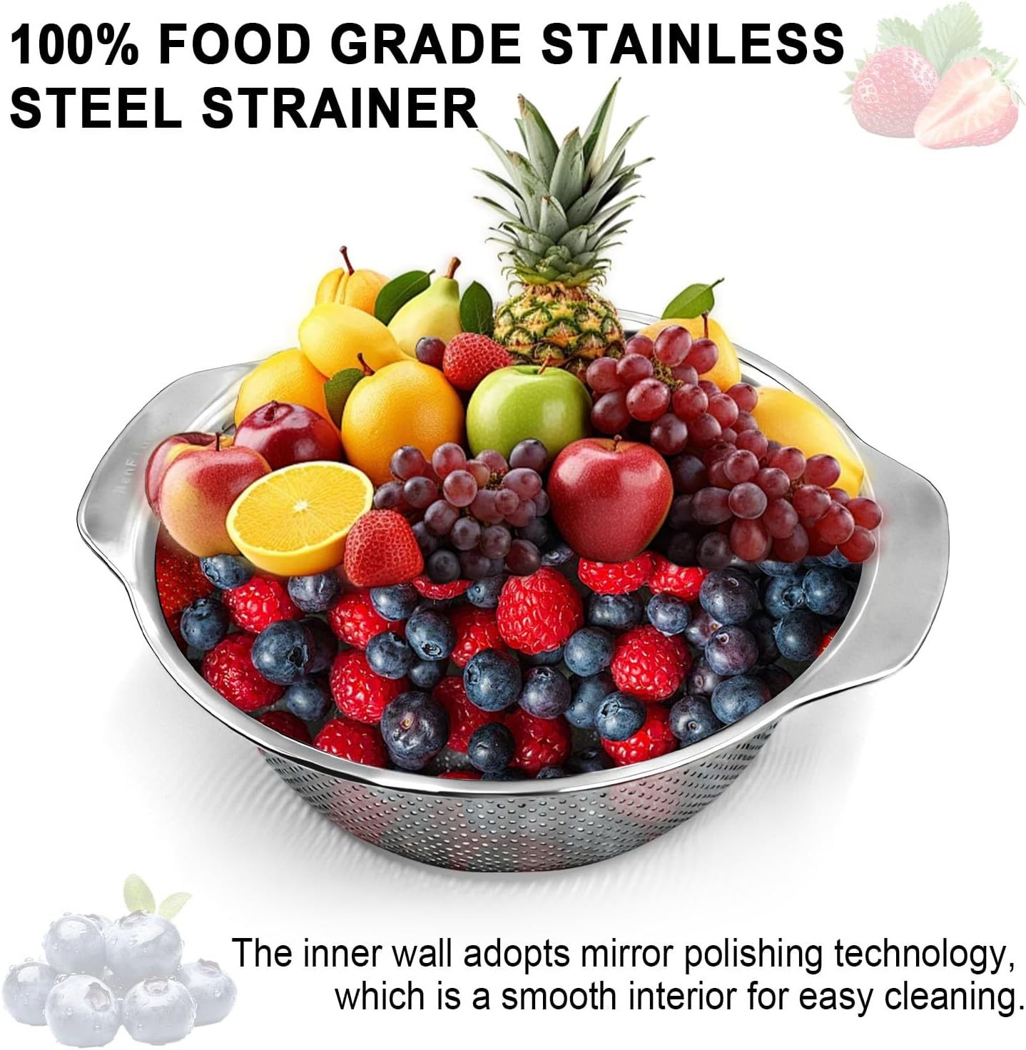 Colander for Kitchen, 1.5 QT 18/8 Stainless Steel Colander, Stainless Steel Strainer with Mixing Bowl, Rice Strainer with Handle for Washing Vegetables, Fruit, Rice, and Pasta (2 PC)