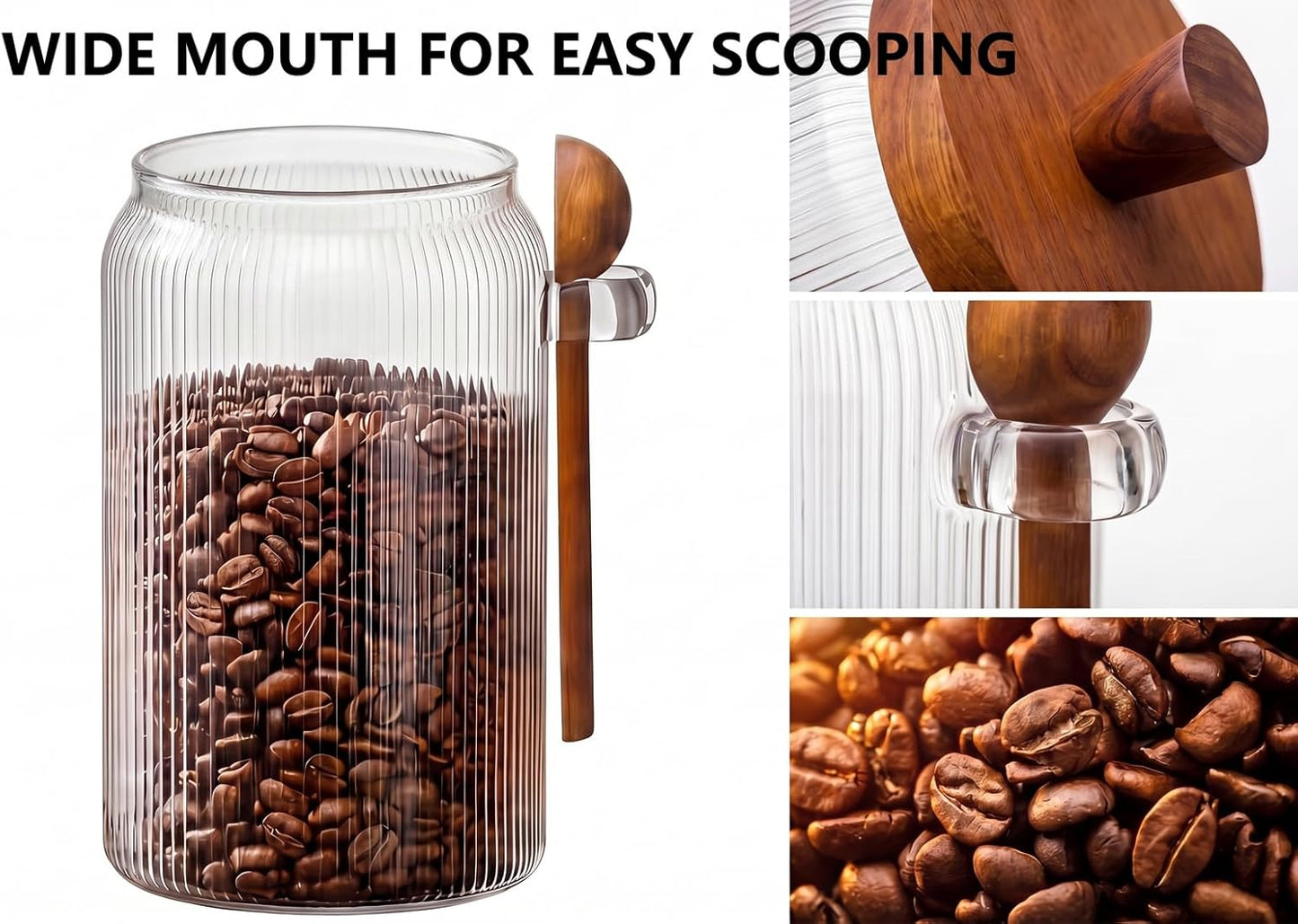 31oz Airtight Coffee Canister with Scoop, Glass Coffee Container for Bean Storage, Clear Coffee Bean Holder Jar with Acacia Wood Lid ans Spoon, Coffee Storage Container Kitchen Canister for Countertop