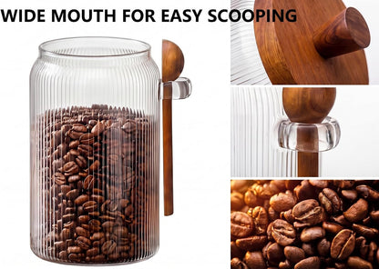 31oz Airtight Coffee Canister with Scoop, Glass Coffee Container for Bean Storage, Clear Coffee Bean Holder Jar with Acacia Wood Lid ans Spoon, Coffee Storage Container Kitchen Canister for Countertop
