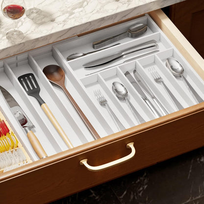 SpaceAid Bamboo Silverware Drawer Organizer with Labels, Kitchen Utensil Expandable Tray Holder Organizer for Flatware, Cutlery, Spoon and Knives Drawer Storage Organization (Natural, 10 Slots)
