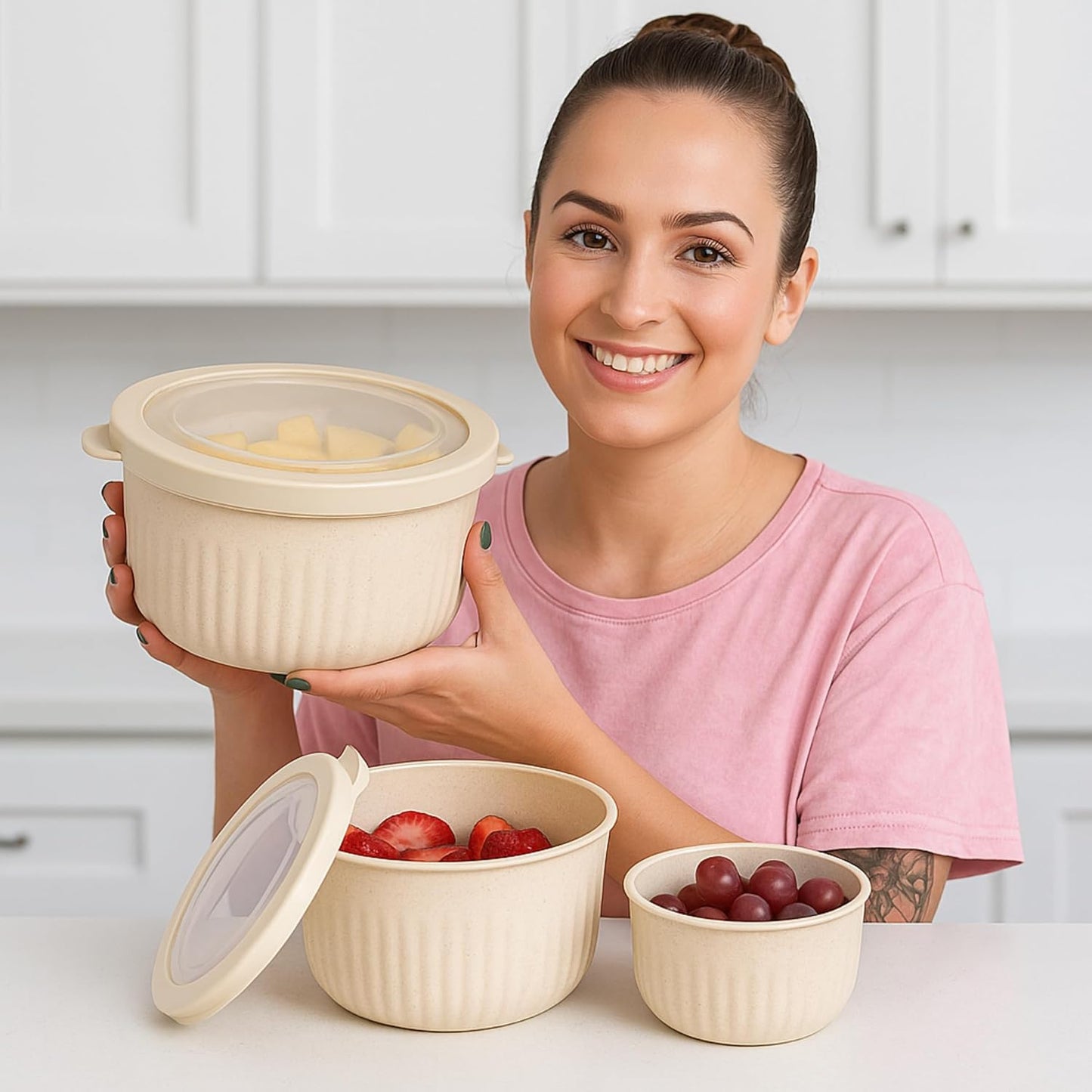 Set of 3 Bowls with Lids - Microwave, Freezer, and Fridge Safe Nesting Mixing Bowls - Eco-Conscious Kitchen Essentials by Classic Cuisine (Beige), S, M, L