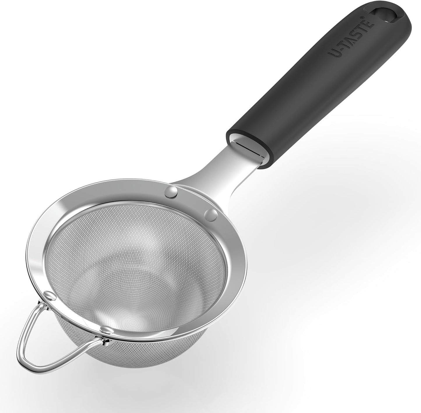 U-Taste Medium Fine Mesh Strainer: 18/8 Stainless Steel 4.73in 30 Mesh Kitchen Food Sieve with Sturdy Riveted Silicone Handle, Heavy Duty Deep Handheld Metal Colander for Rice, Quinoa, Flour (Black)