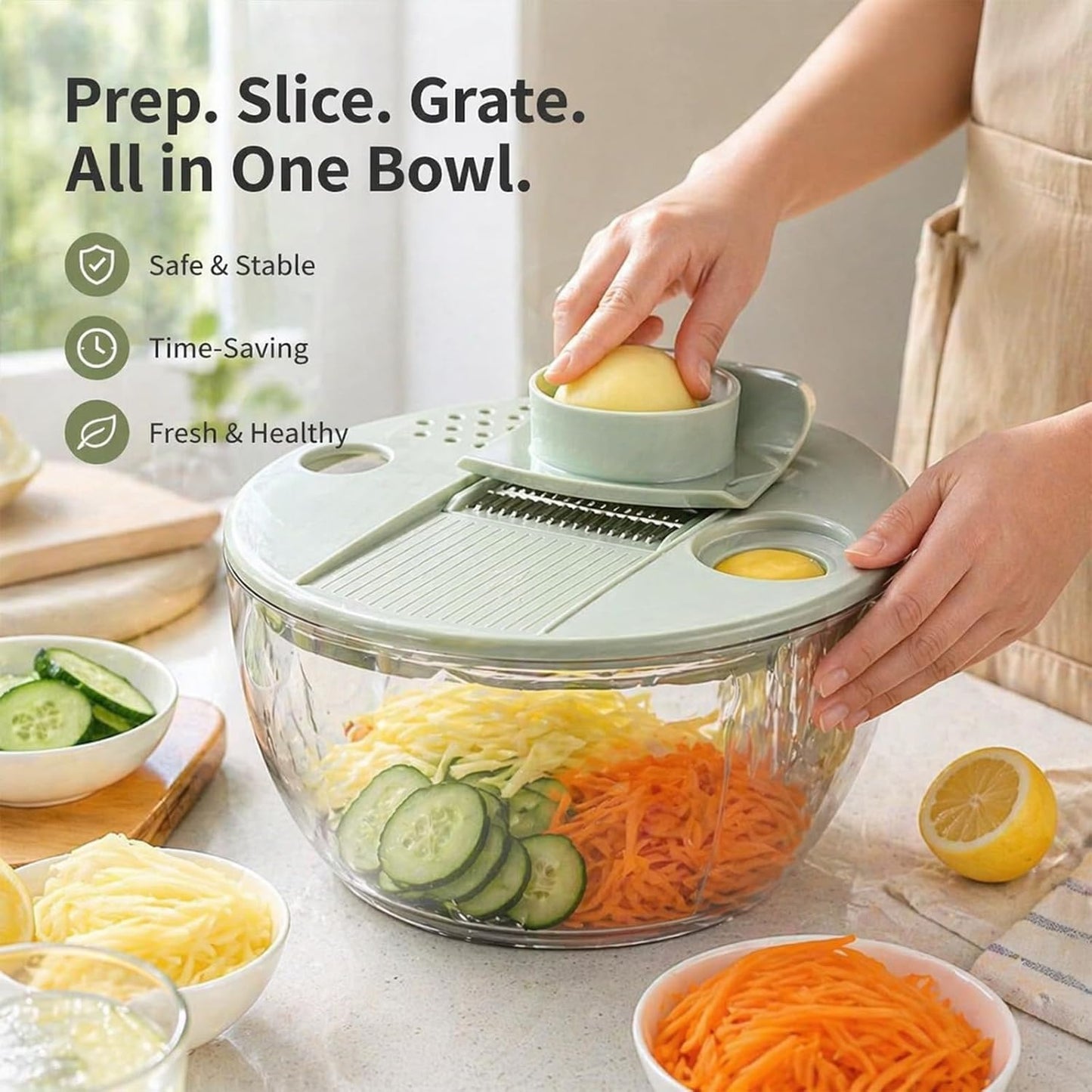 Large Capacity Multi-function Salad Spinner, 6-in-1 Salad Spinner & Vegetable Chopper, Vegetables Fruits Washing Bowl, With 5 Blade Slicer Egg Yolk Strainer Shredder (Transparent Version A)