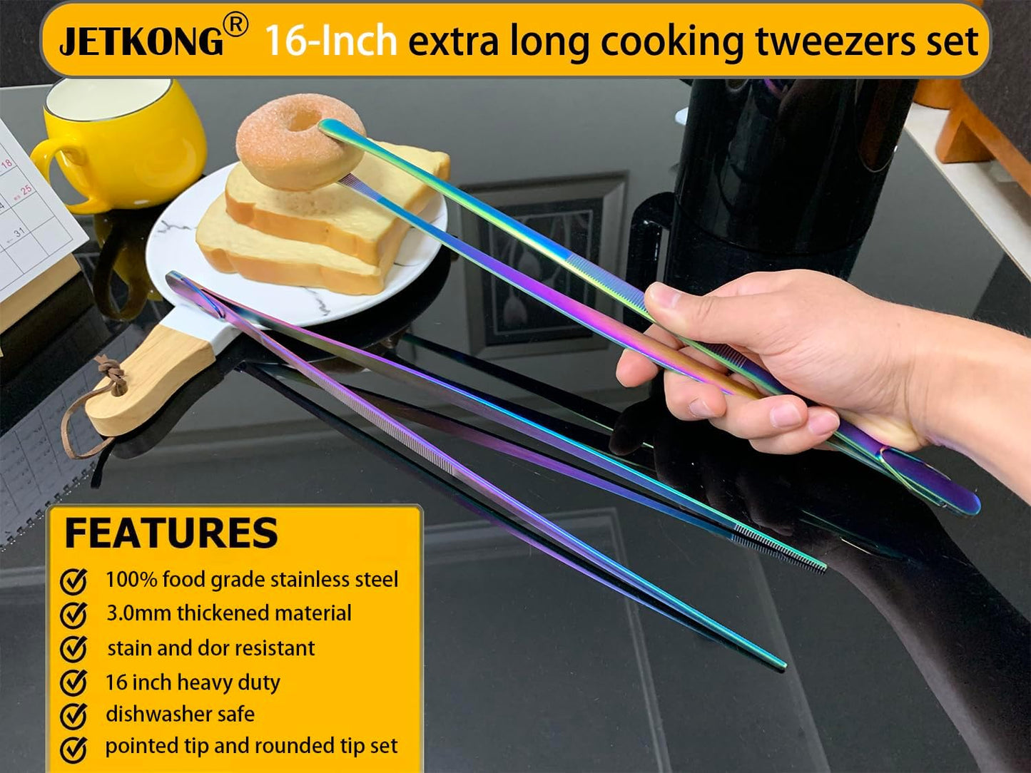 JETKONG 2 Pcs 12-Inch Kitchen Tweezers Fine Tweezer Tongs, Extra-Long Stainless Steel Cooking Tweezers (Silver)