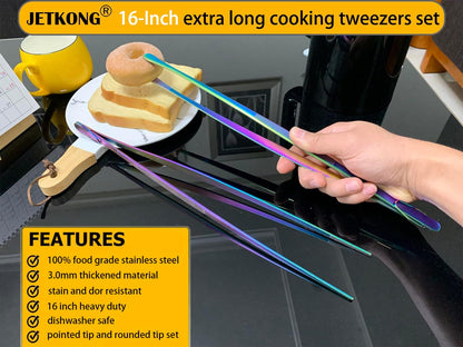 JETKONG 2 Pcs 12-Inch Kitchen Tweezers Fine Tweezer Tongs, Extra-Long Stainless Steel Cooking Tweezers (Silver)