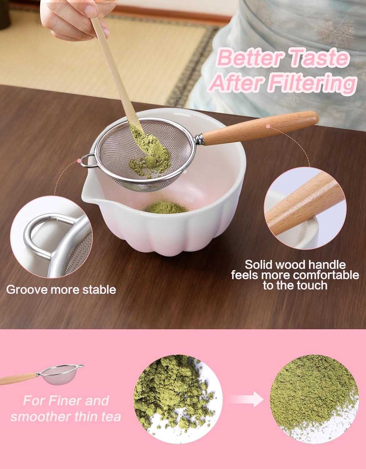 Matcha Whisk Set, 7 Pcs, Matcha Kit Includes Matcha Bowl, Matcha Whisk and Holder, Bamboo Scoop, Spoon, Sifter and Tea Towel, Matcha Set, Gift for Matcha Lovers & Beginners (Pink)