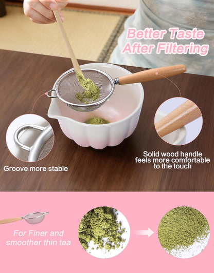 Matcha Whisk Set, 7 Pcs, Matcha Kit Includes Matcha Bowl, Matcha Whisk and Holder, Bamboo Scoop, Spoon, Sifter and Tea Towel, Matcha Set, Gift for Matcha Lovers & Beginners (Pink)