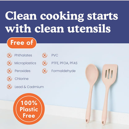 Non-Toxic Platinum Silicone Kitchen Utensil Set of 2 – Non-Scratch Cooking Spoon & Spatula, 100% Plastic Free, Stainless Steel Core, Heat Resistant 500°F, Beige