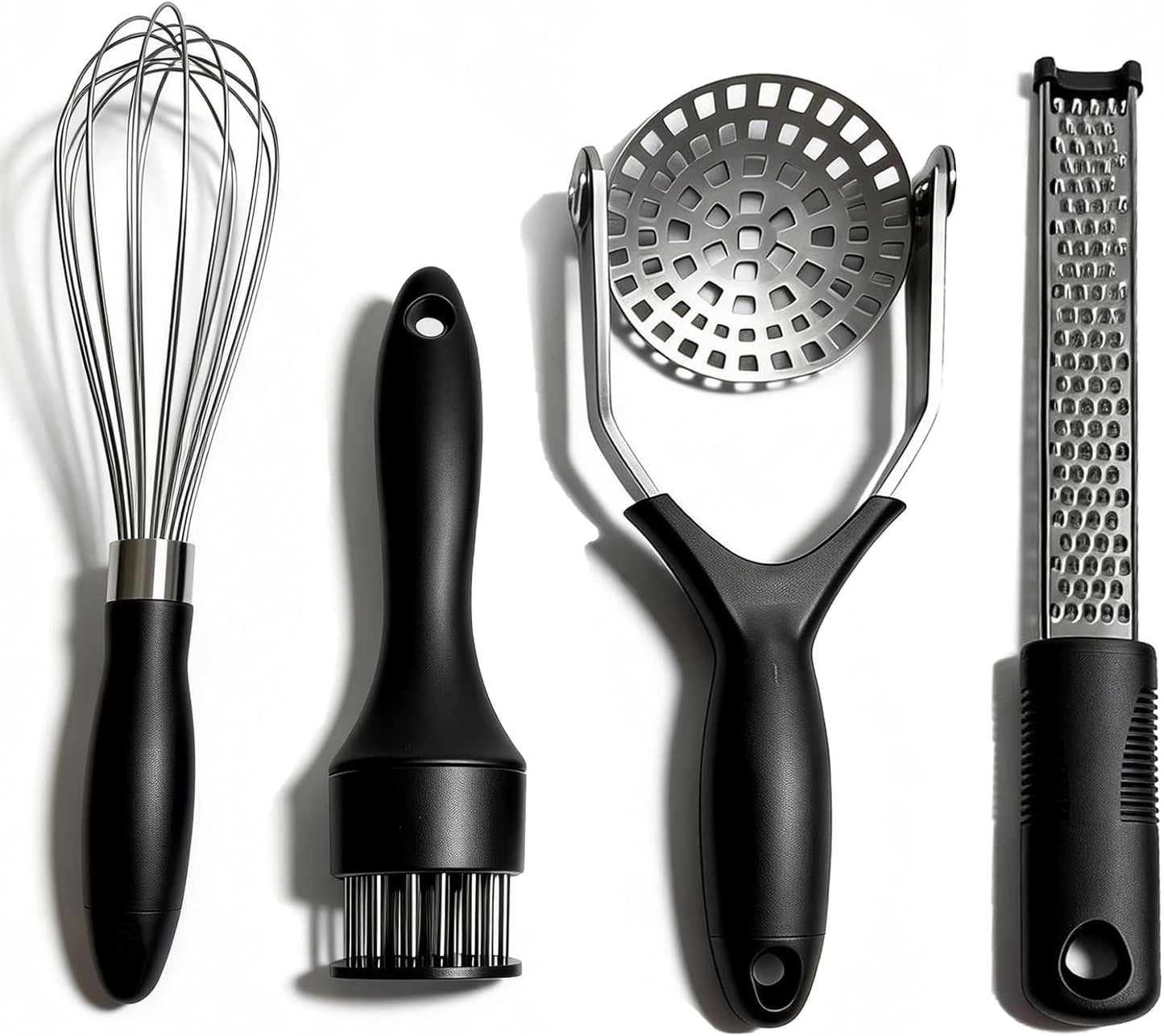 4-Piece Kitchen Gadget Set with Potato Masher, Balloon Whisk, Meat Tenderizer & Cheese Grater - Essential Prep Tools for Baking, Cooking & Meal Prep, Dishwasher Safe