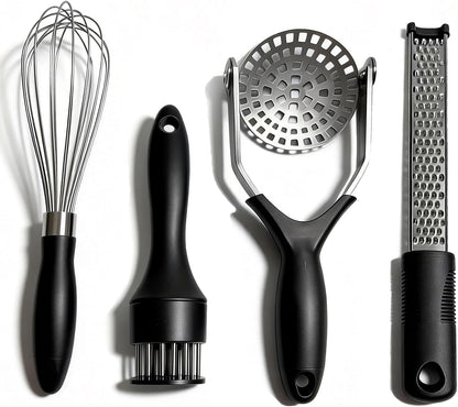 4-Piece Kitchen Gadget Set with Potato Masher, Balloon Whisk, Meat Tenderizer & Cheese Grater - Essential Prep Tools for Baking, Cooking & Meal Prep, Dishwasher Safe
