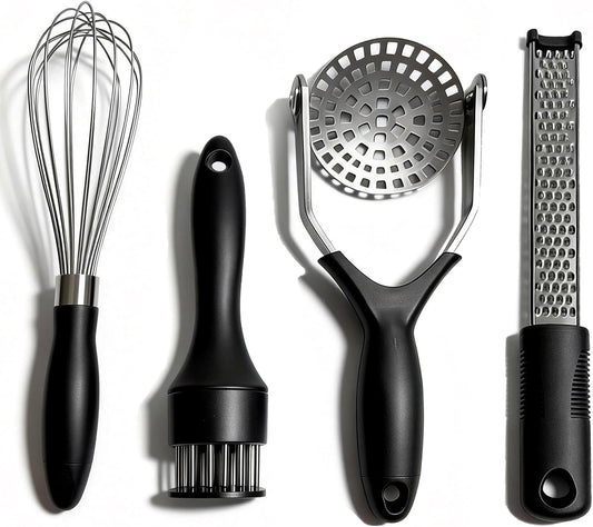 4-Piece Kitchen Gadget Set with Potato Masher, Balloon Whisk, Meat Tenderizer & Cheese Grater - Essential Prep Tools for Baking, Cooking & Meal Prep, Dishwasher Safe