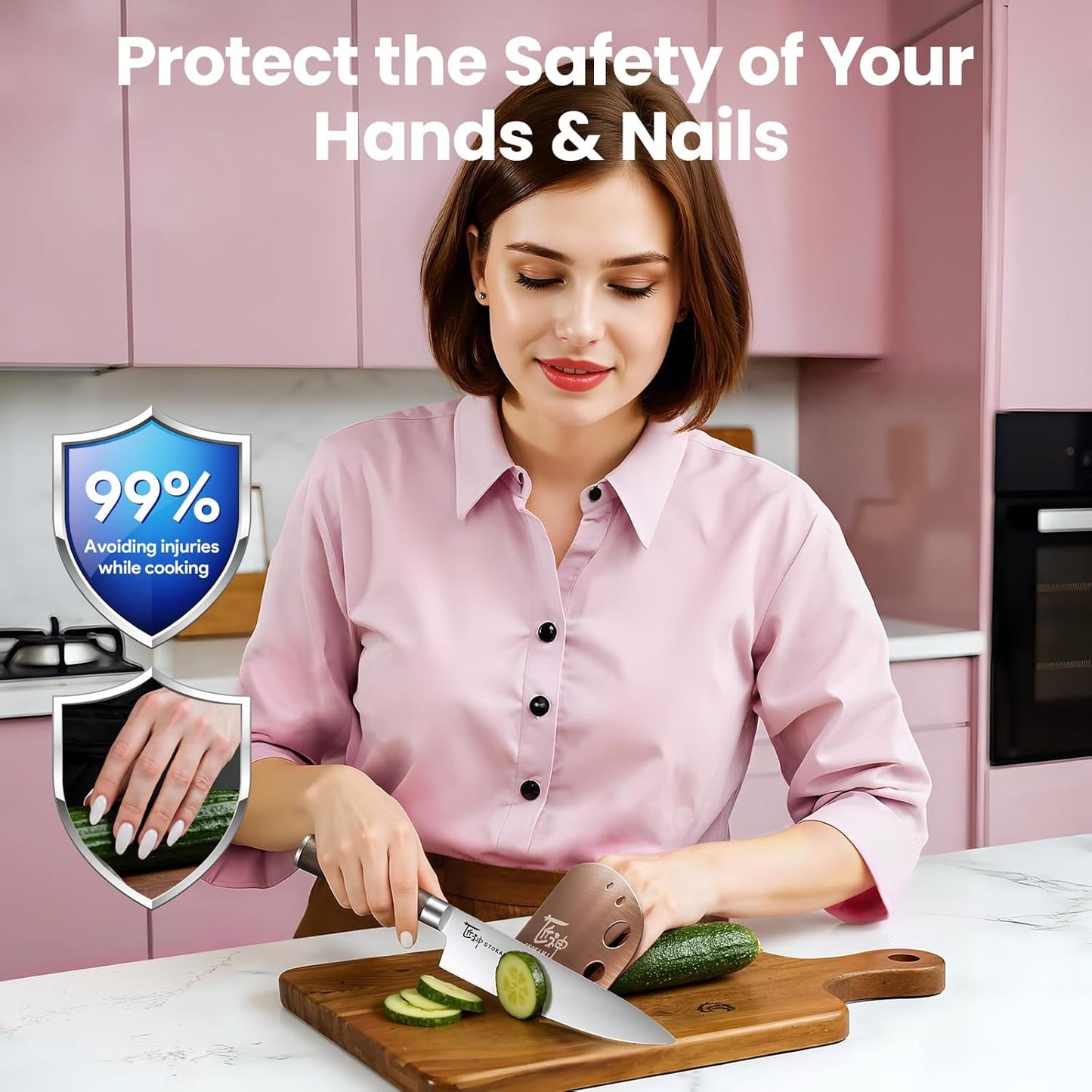 SYOKAMI Finger Guards for Cutting Food, Protects Women’s Fingers and Nails, Ideal Gift for Her, Mom or Wife, 2 Stainless Steel Finger Protectors with Herb Stripper, Adjustable Size