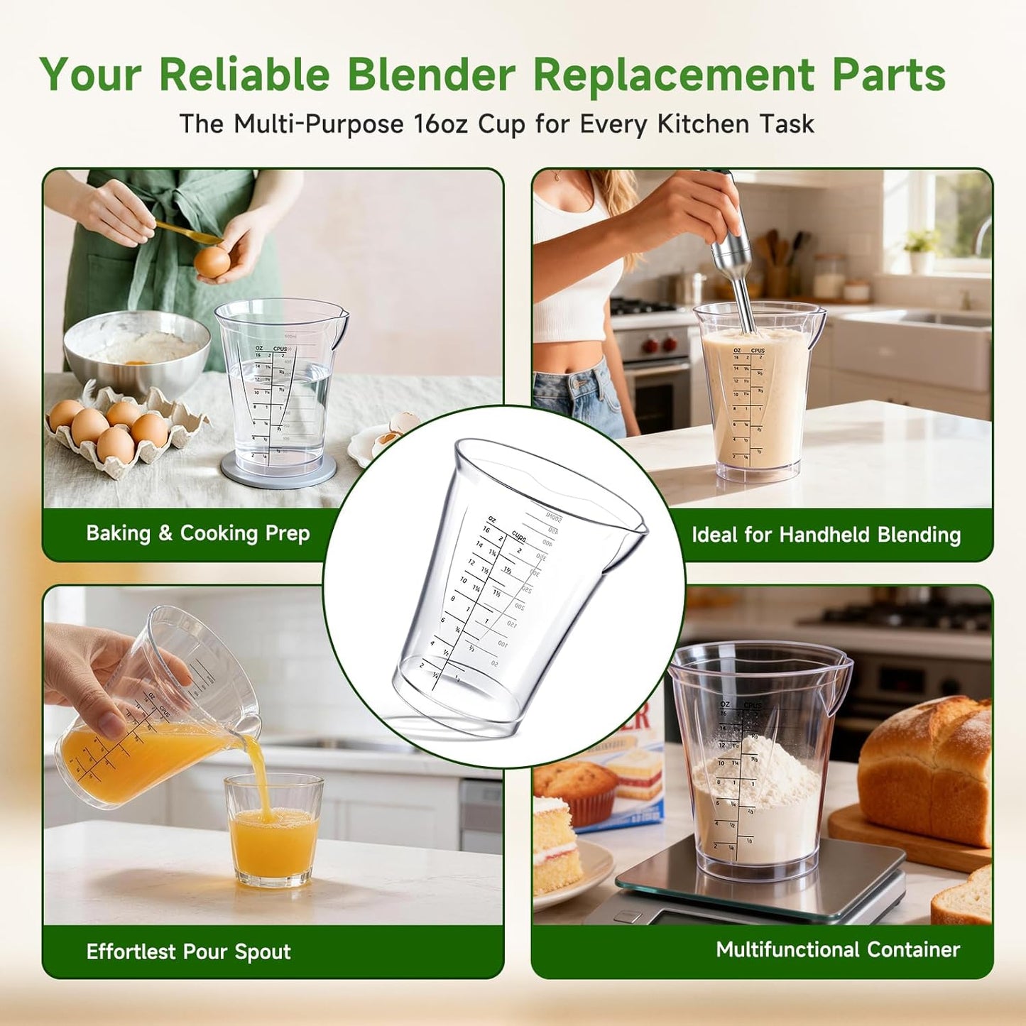 Blender Measuring Cup, 16 oz, Immersion Blender Cup, Compatible with Cuisinart Hand Blender, for Sauce Smoothies Egg Mixture Etc, (Plastic material, height 5.2in, capacity 16 oz,500ml).