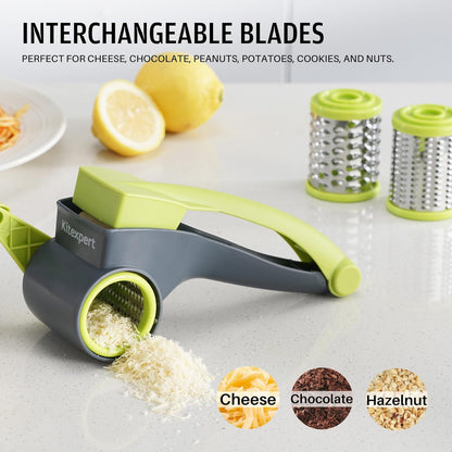 Cheese Grater with Handle, Kitchen Parmesan Cheese Grater with 2 Stainless Steel Drums, Rotary Cheese Graters Handheld for Grating and Shredding Hard Cheese, Chocolate