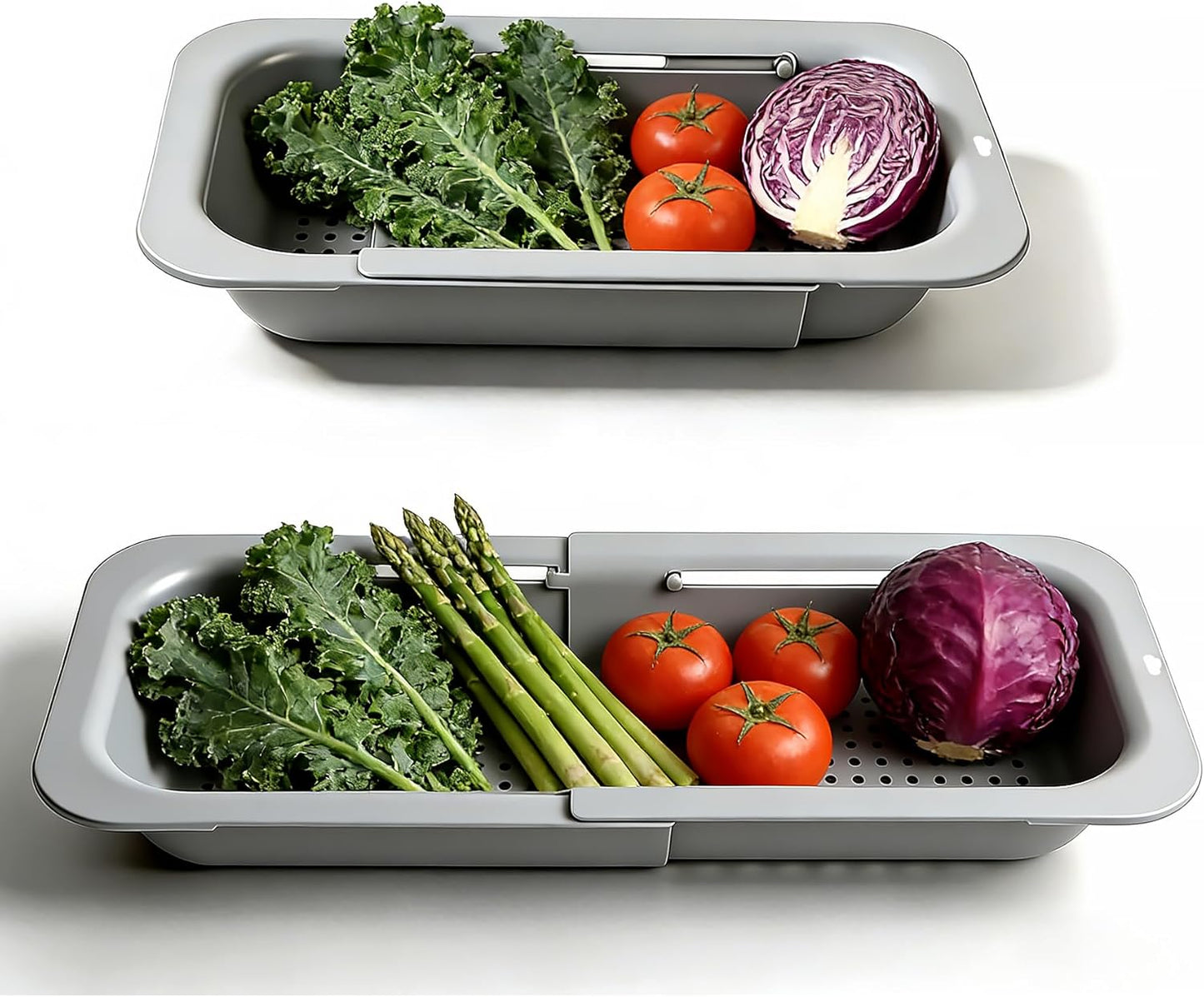 Extendable Colander Strainer Basket, Over the Sink Colander and Strainer for Kitchen, Wash Vegetables and Fruits, Drain Pasta and Dry Dishes, Adjustable Colander from 13.5In to 18.7In, Gray