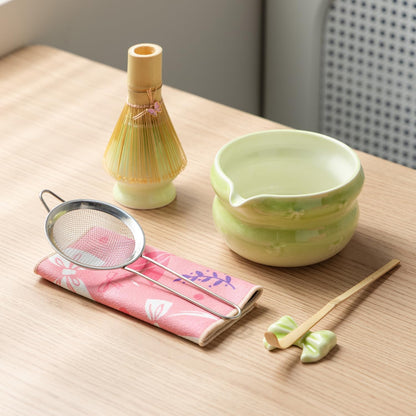 DWEHIXBUY Matcha Kit 7-Pcs matcha whisk set, Measuring Spoon, Japanese Tea Making Tools,Cha, tea bowl, pink matcha set (rosy)