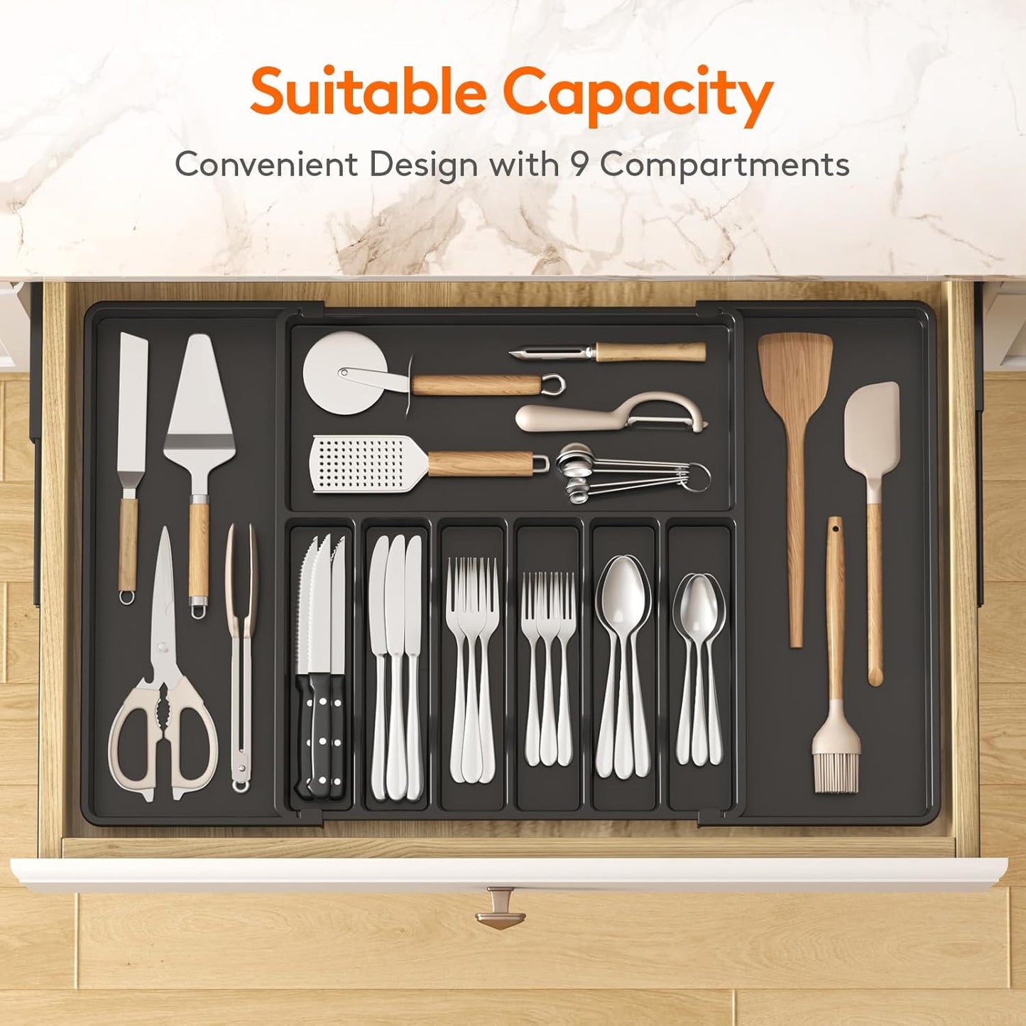 Lifewit Silverware Drawer Organizer, Expandable Utensil Tray for Kitchen, BPA Free Flatware and Cutlery Holder, Adjustable Plastic Storage for Spoons Forks Knives, 11-18 x 14", Black