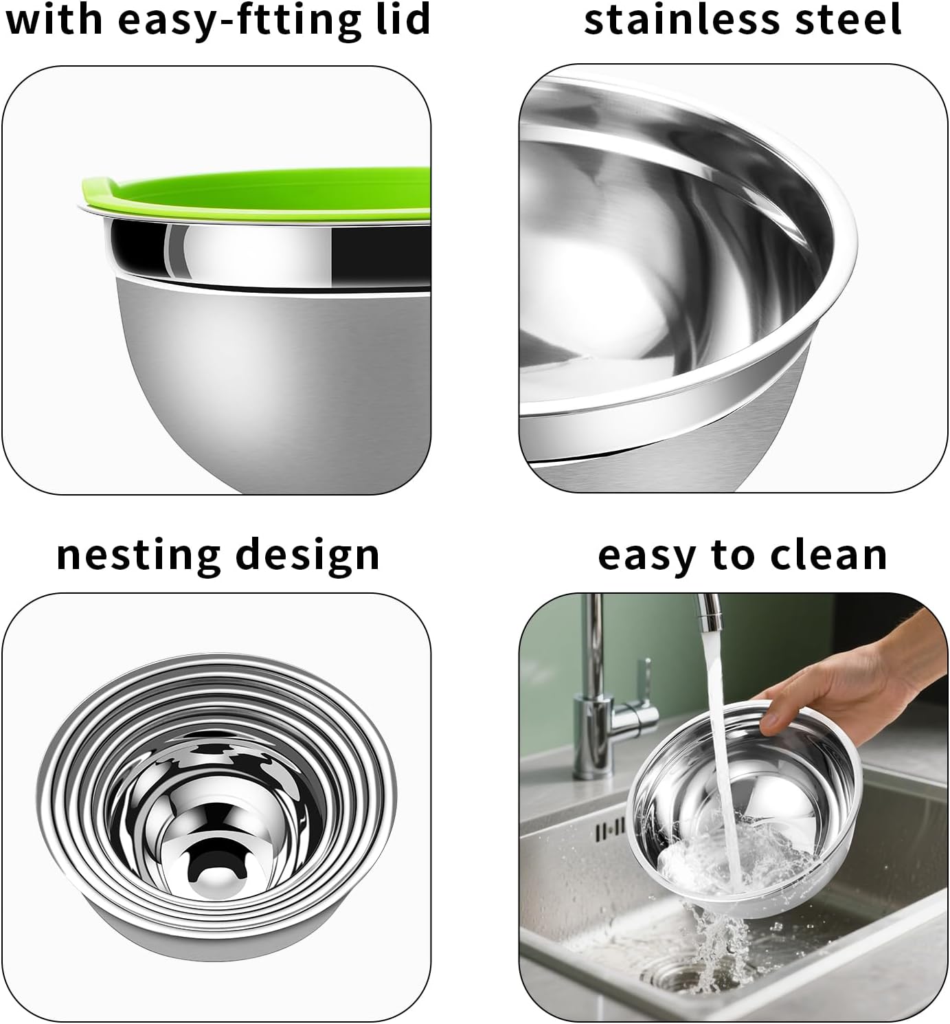 Lazycorner Stainless Steel Mixing Bowls with Airtight Lids Set of 7 Stainless Steel Bowls Set with 3 Grater Attachments Great for Serving & Baking