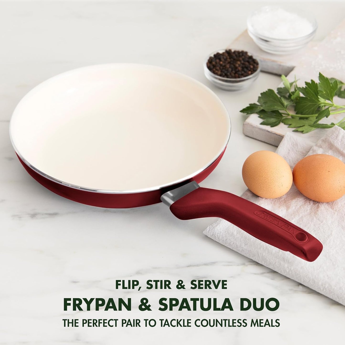 GreenPan Rio Healthy Ceramic Nonstick 8" Frying Pan Skillet and Silicone Spatula Set, Soft Grip Handle, Breaktfast Meal Set, PFAS-Free, Dishwasher Safe, Oven Safe, Oxford Blue