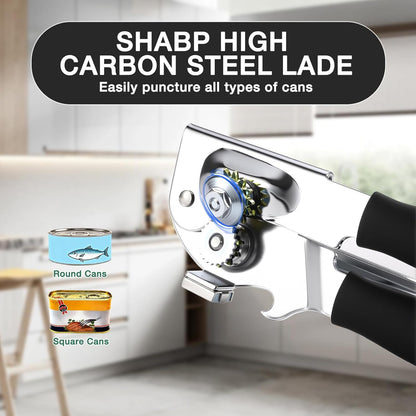 Can Opener Manual Heavy Duty Stainless Steel Smooth Edge with Magnet Large Effort Saving Knob Soft Grip Handle for Arthritis Elderly with Bottle Opener Kitchen Tool Black
