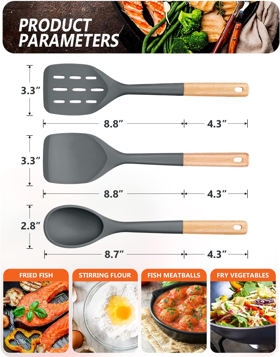 Badiano Pack of 3 Silicone Spatula, Non Stick Cooking Utensil Set, Wooden Handle Kitchen Turner for Baking Mixing Grilling Serving Food Heat Resistant, Black