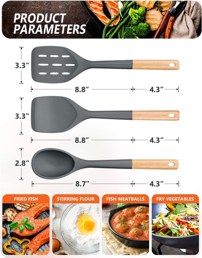Badiano Pack of 3 Silicone Spatula, Non Stick Cooking Utensil Set, Wooden Handle Kitchen Turner for Baking Mixing Grilling Serving Food Heat Resistant, Black
