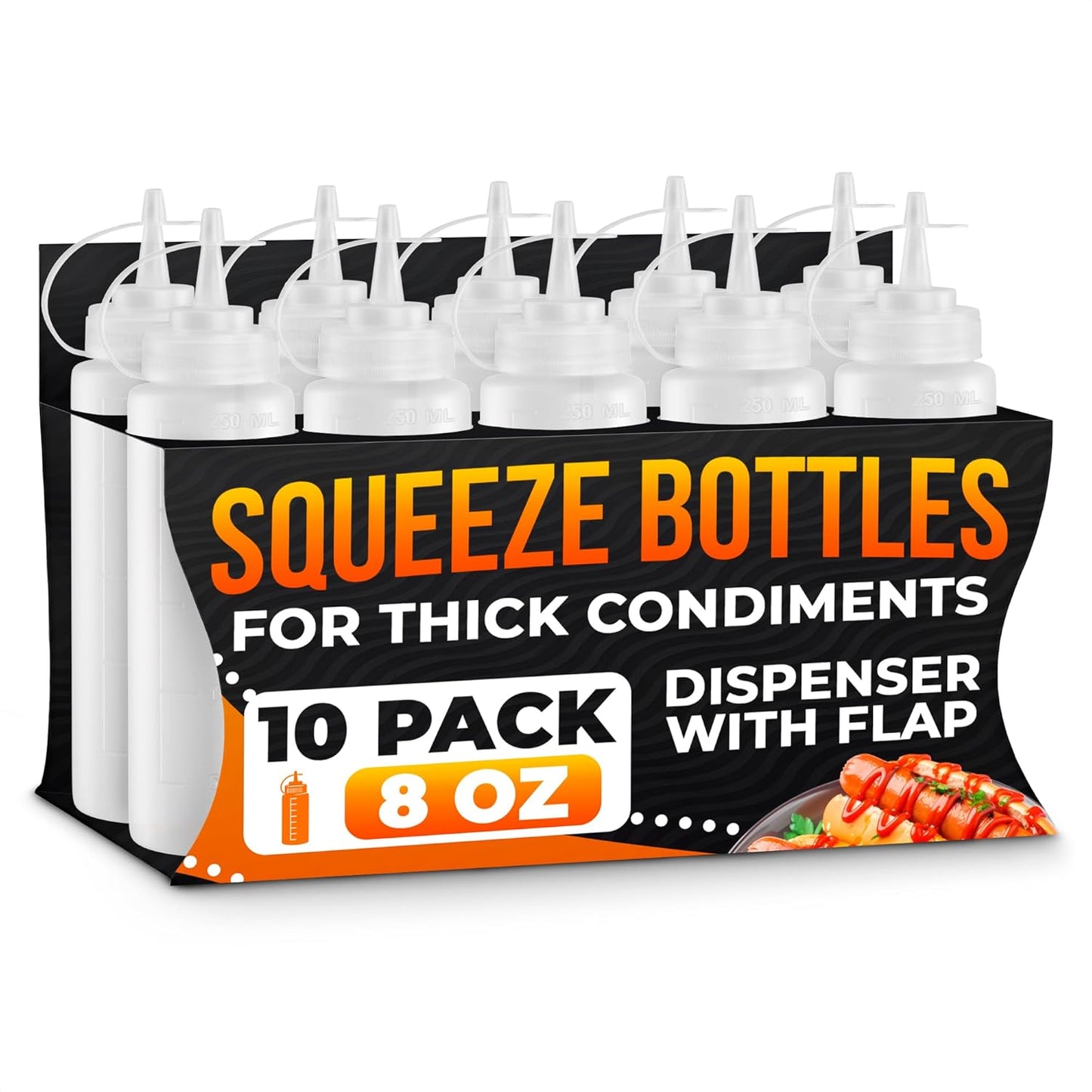 Set of 6 Inverted Condiment Squeeze Bottles 16 oz – Upgraded Design with Added Sealing Gaskets, Self-Closing Valve, Easy-to-Fill Clear Bottles for Sauces, Dressings, Ketchup, Mustard for Everyday Use