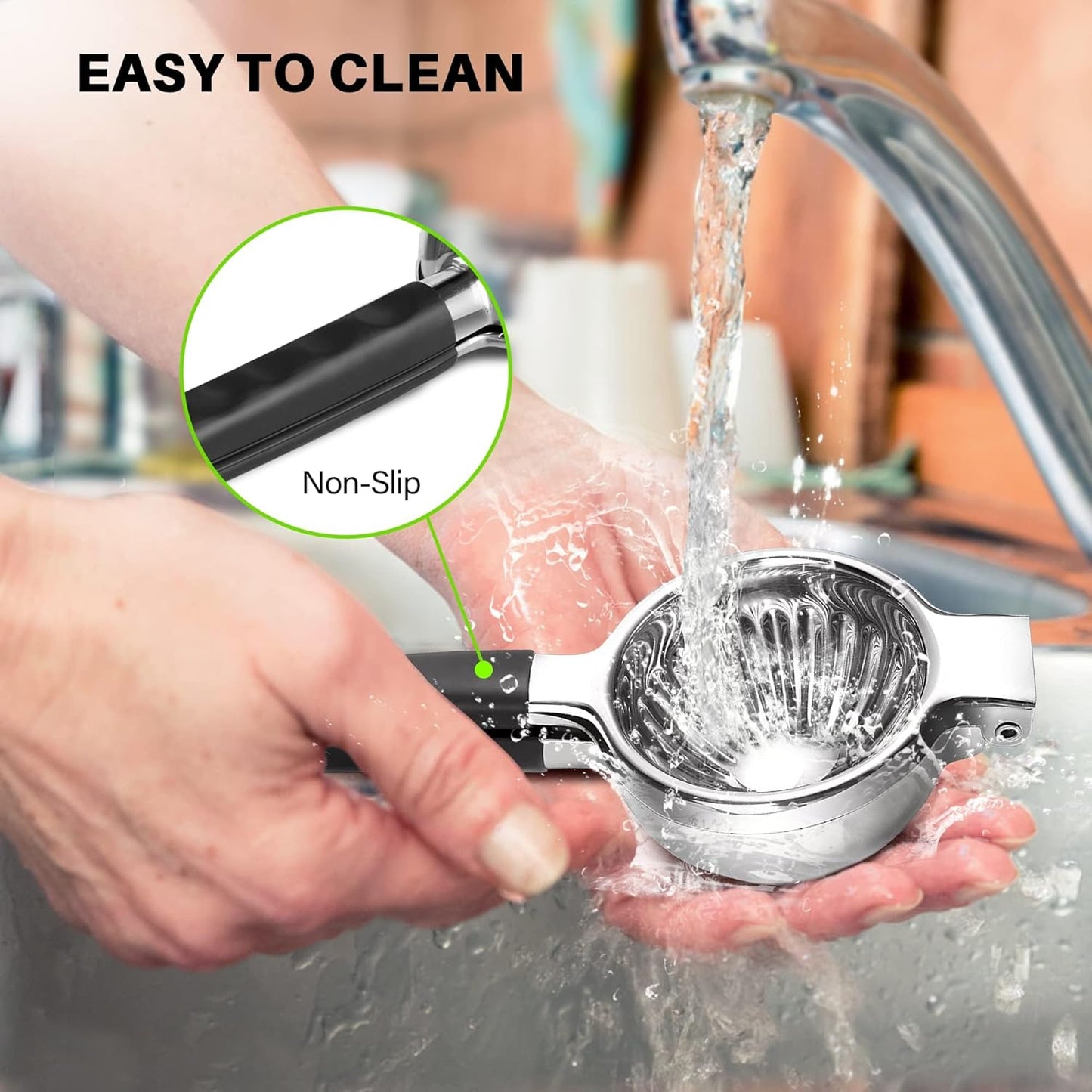 Lemon Squeezer Stainless Steel - Manual Citrus Juicer Large, Metal Lime Squeezer Hand Press, Orange Juice Extractor with Non-Slip Grip, Dishwasher Safe - TUISWO (Silver/Black)