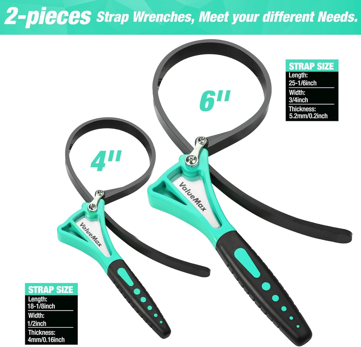 ValueMax 2-piece Strap Wrench Set, Adjustable Oil Filter Wrench with Max Diameter 4" (Small) & 6" (Large) for Shower Head Water Filter, Jar Opener Set