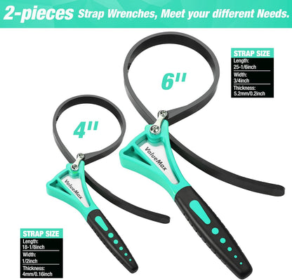 ValueMax 2-piece Strap Wrench Set, Adjustable Oil Filter Wrench with Max Diameter 4" (Small) & 6" (Large) for Shower Head Water Filter, Jar Opener Set