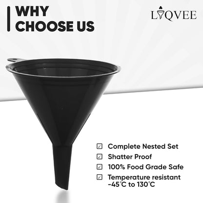 LIQVEE™ Funnel Set (4 Sizes: 122, 101, 76, 50mm) - Durable, Non-Toxic, Food-Grade Plastic funnels for Filling Bottles and containers. Ideal for Kitchen, Garage, or Labs. Perfect for Precise Pouring.