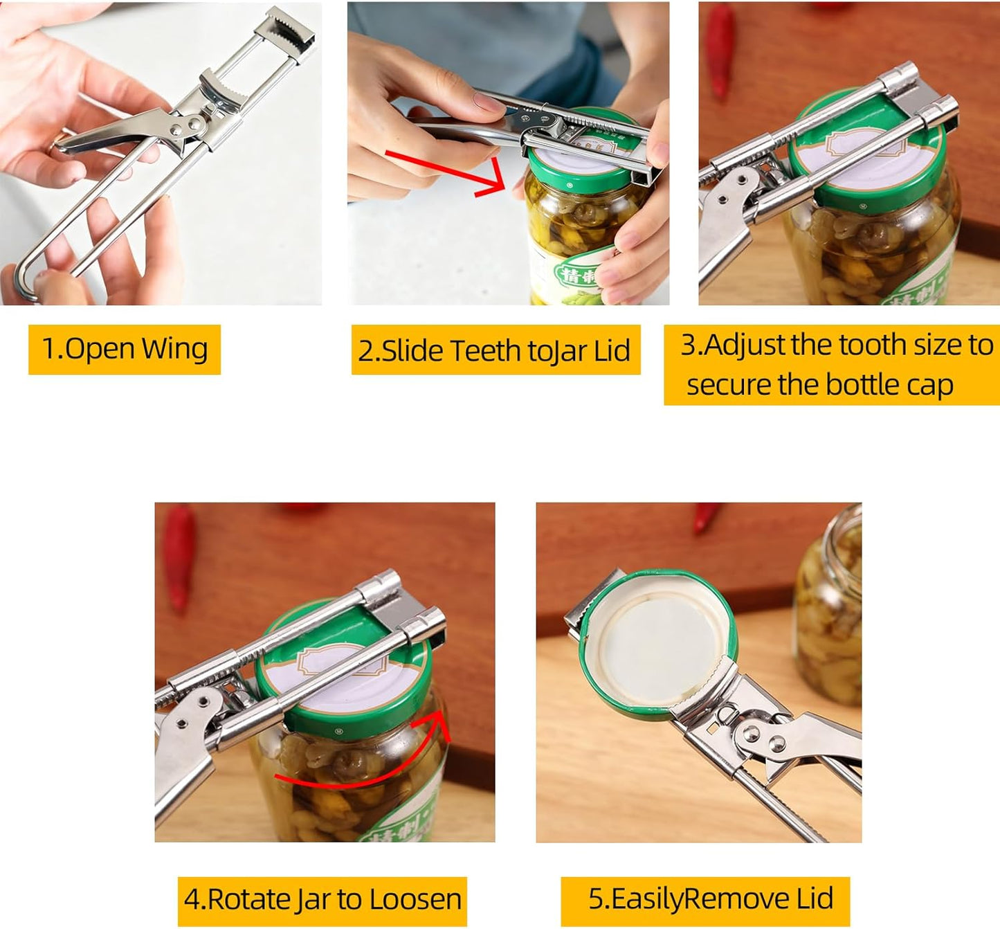 Adjustable Stainless Steel Jar Opener for Seniors & Weak Hands, Bottle Lid Opener Tool with Non-Slip Grip, Easy Manual Canning Jar Cap Cracker Openers for Jars, Tops, Cans. (1)